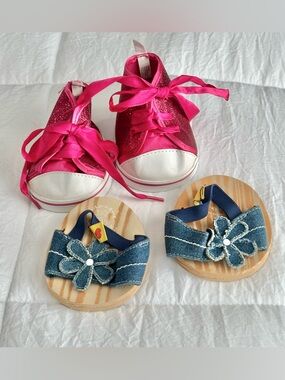 Build-A-Bear Denim Flower Sandals with Pink Hightop Shiny Sneakers Lot